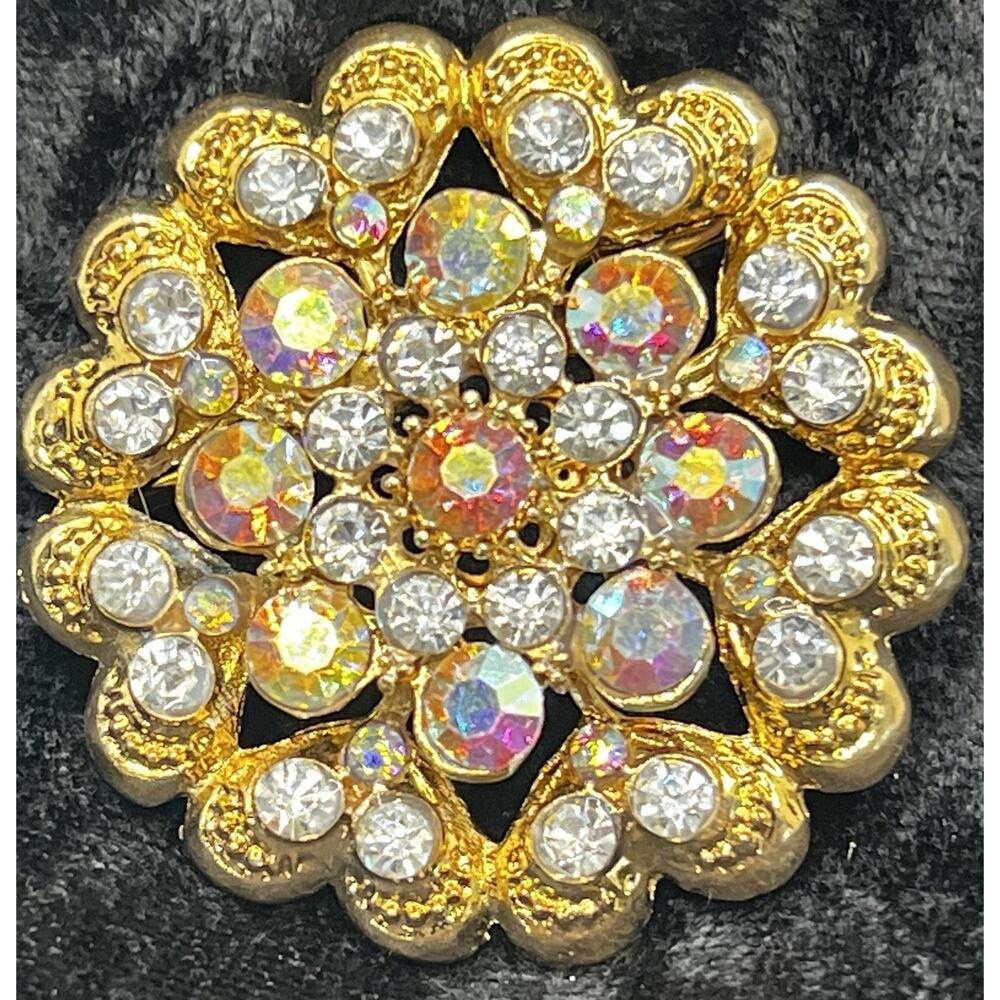 Vintage Estate Brooch Pin Textured Gold Tone Aurora Borealis Cluster Flower 2”